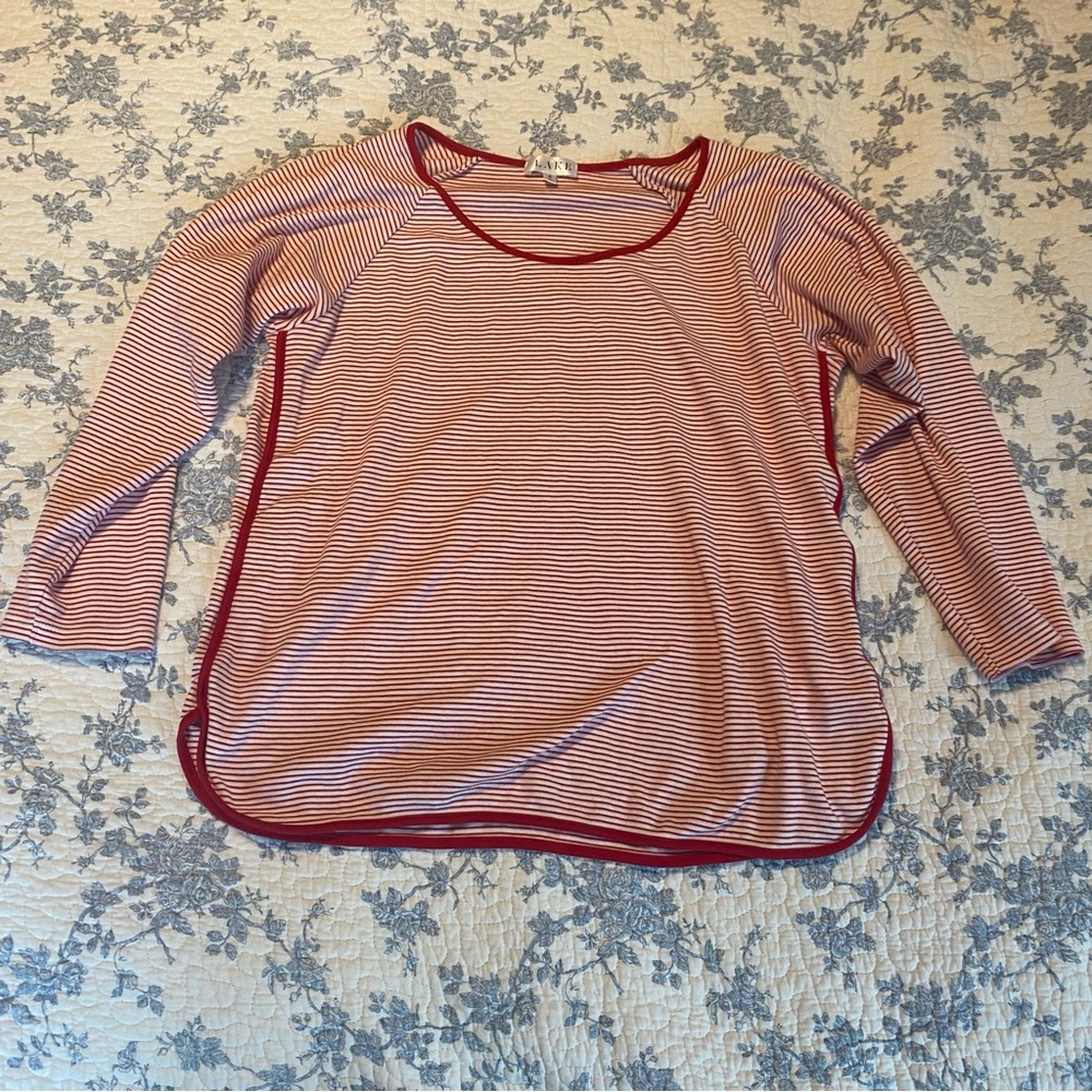 LAKE Pima Cotton Red and White Striped 3/4 Sleeve Pajama Top Size Small